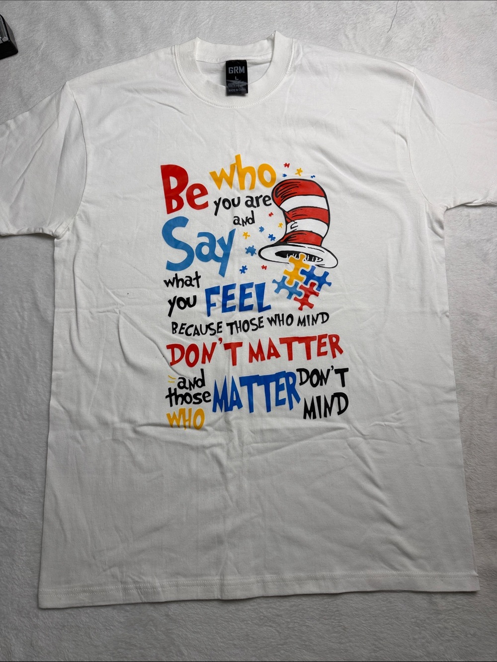 Dr. Seuss Inspired White Graphic Tee - "Be Who You Are"